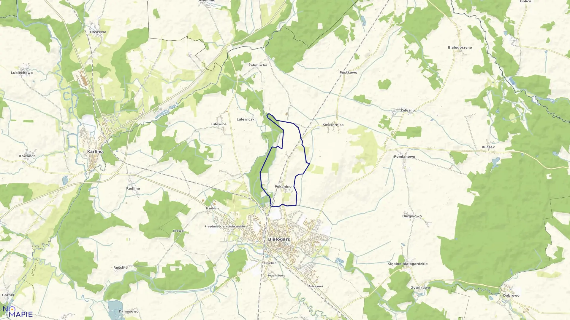 Mapa obrębu Pękanino w gminie Białogard